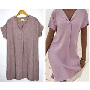Pure J Jill Chambray Mauve Linen Viscose Split Neck Knee Length Pockets Dress S